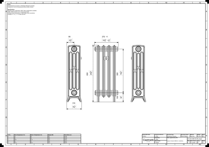 Grace - Ceramic White Cast Iron Column Radiator H650mm x W272mm 4 Column - Floor Standing
