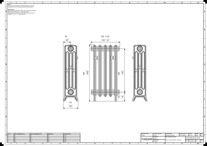 Grace - Anthracite Cast Iron Column Radiator H650mm x W333mm 4 Column - Floor Standing