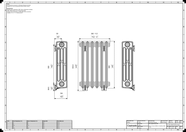 Grace - Anthracite Cast Iron Column Radiator H600mm x W393mm 4 Column - Wall Hung