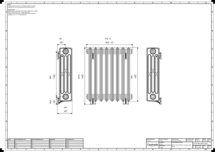 Grace - Ceramic White Cast Iron Column Radiator H600mm x W514mm 4 Column - Wall Hung