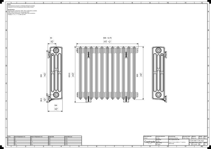 Grace - Anthracite Cast Iron Column Radiator H600mm x W696mm 4 Column - Wall Hung