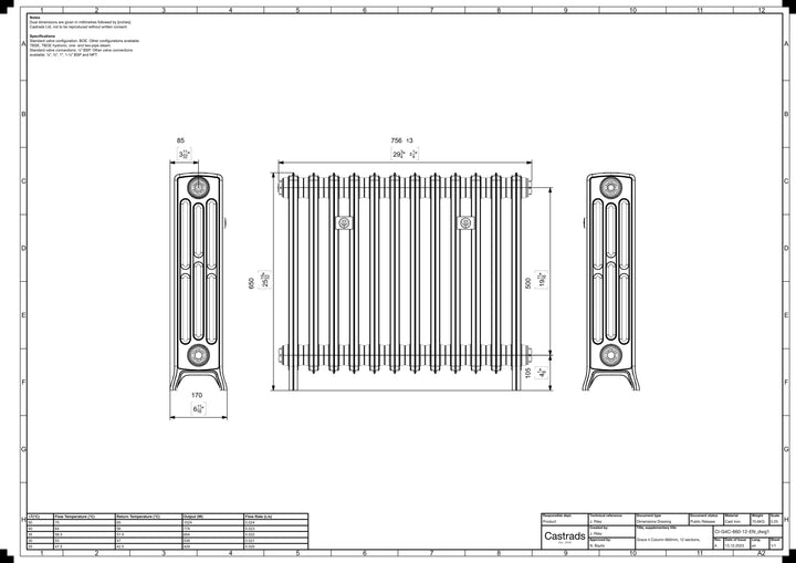 Grace - Anthracite Cast Iron Column Radiator H650mm x W756mm 4 Column - Floor Standing