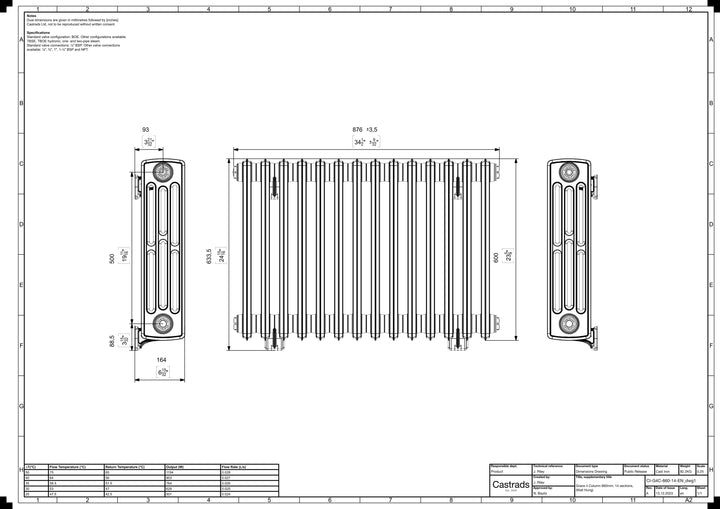 Grace - Ceramic White Cast Iron Column Radiator H600mm x W877mm 4 Column - Wall Hung