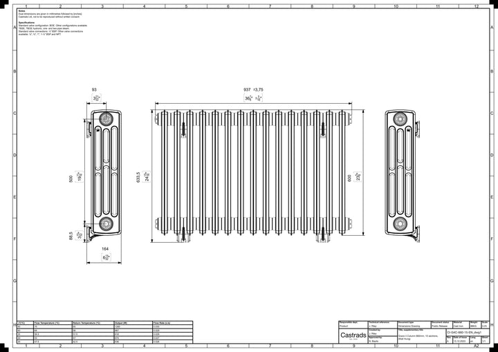 Grace - Anthracite Cast Iron Column Radiator H600mm x W938mm 4 Column - Wall Hung