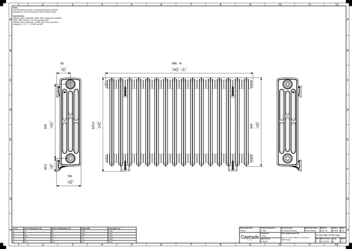 Grace - Anthracite Cast Iron Column Radiator H600mm x W998mm 4 Column - Wall Hung