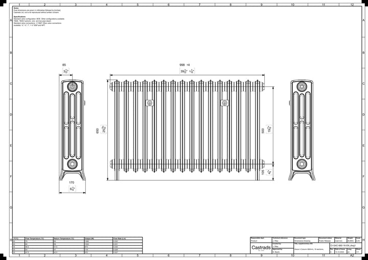Grace - Anthracite Cast Iron Column Radiator H650mm x W998mm 4 Column - Floor Standing