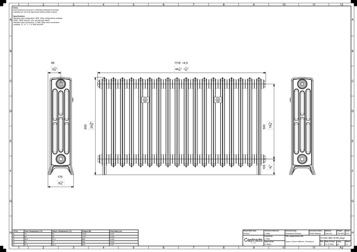 Grace - Anthracite Cast Iron Column Radiator H650mm x W1119mm 4 Column - Floor Standing