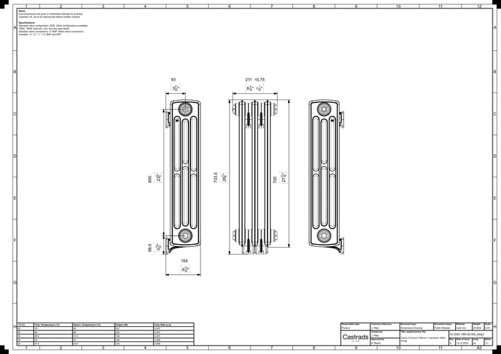Grace - Ceramic White Cast Iron Column Radiator H700mm x W212mm 4 Column - Wall Hung