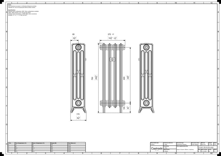 Grace - Anthracite Cast Iron Column Radiator H750mm x W272mm 4 Column - Floor Standing