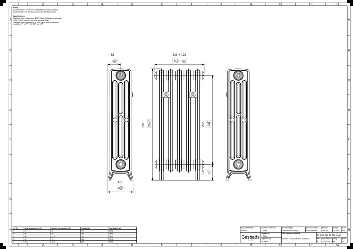 Grace - Ceramic White Cast Iron Column Radiator H750mm x W333mm 4 Column - Floor Standing
