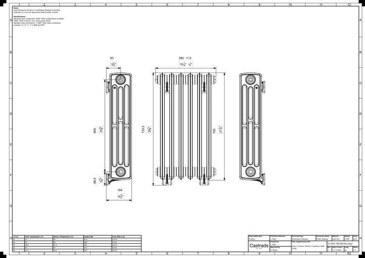 Grace - Anthracite Cast Iron Column Radiator H700mm x W393mm 4 Column - Wall Hung