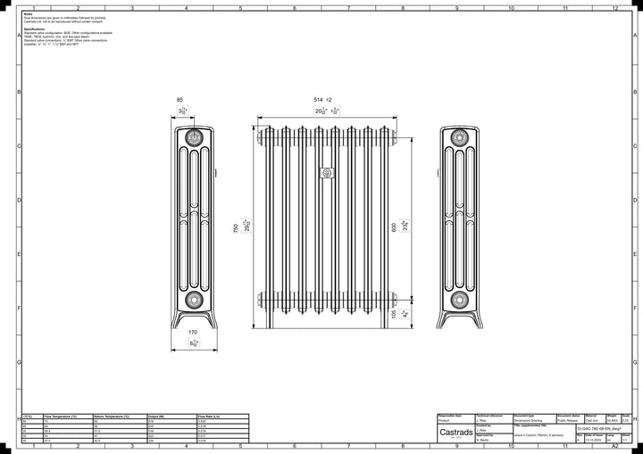 Grace - Anthracite Cast Iron Column Radiator H750mm x W514mm 4 Column - Floor Standing