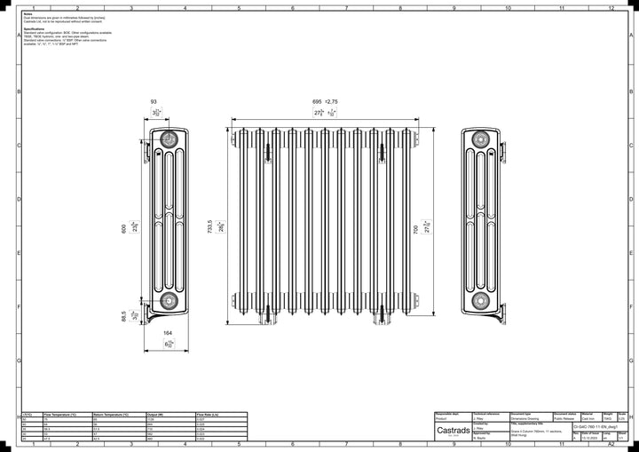 Grace - Anthracite Cast Iron Column Radiator H700mm x W696mm 4 Column - Wall Hung