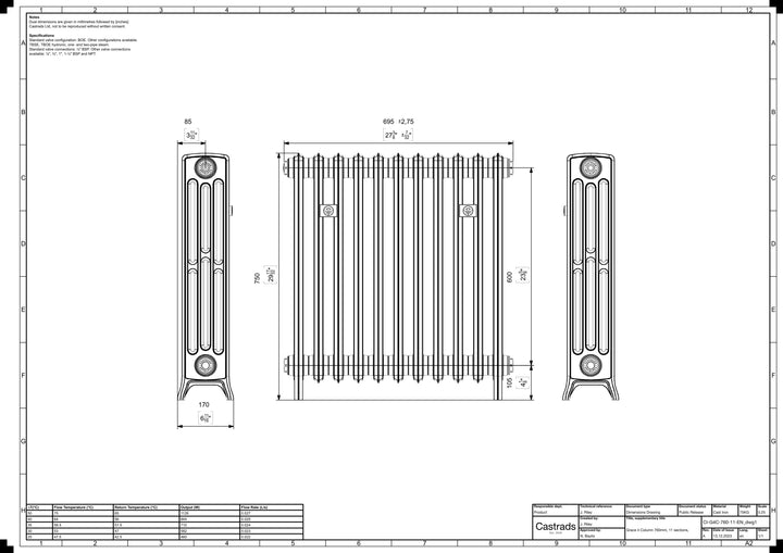 Grace - Ceramic White Cast Iron Column Radiator H750mm x W696mm 4 Column - Floor Standing