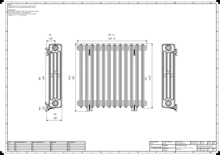 Grace - Ceramic White Cast Iron Column Radiator H700mm x W756mm 4 Column - Wall Hung