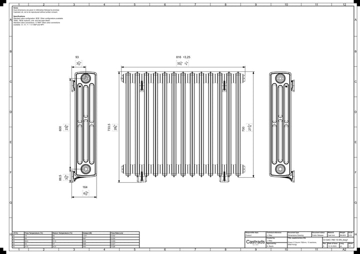 Grace - Anthracite Cast Iron Column Radiator H700mm x W817mm 4 Column - Wall Hung