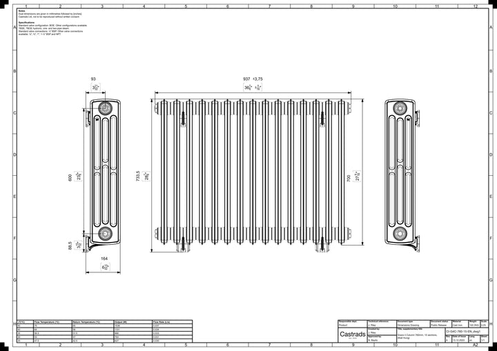 Grace - Anthracite Cast Iron Column Radiator H700mm x W938mm 4 Column - Wall Hung