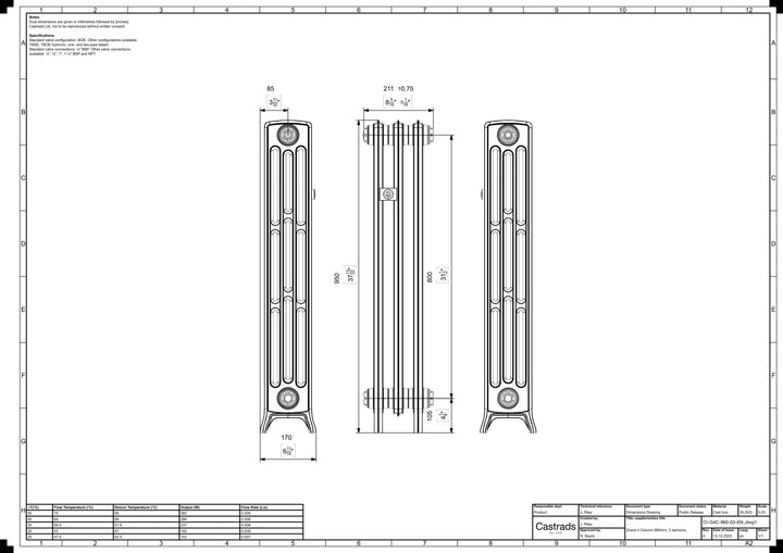Grace - Anthracite Cast Iron Column Radiator H950mm x W212mm 4 Column - Floor Standing