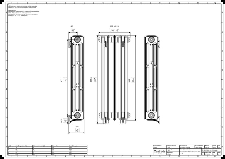 Grace - Anthracite Cast Iron Column Radiator H898mm x W333mm 4 Column - Wall Hung
