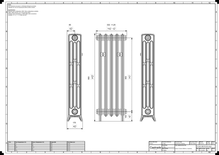 Grace - Anthracite Cast Iron Column Radiator H950mm x W333mm 4 Column - Floor Standing