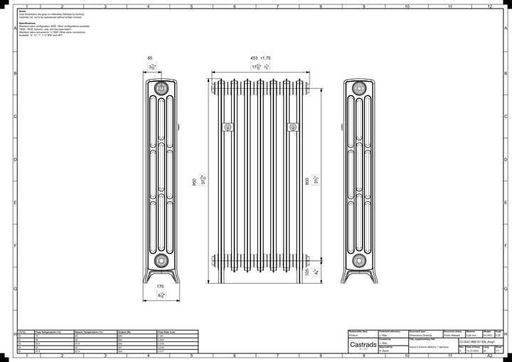 Grace - Pebble Grey Cast Iron Column Radiator H950mm x W454mm 4 Column - Floor Standing