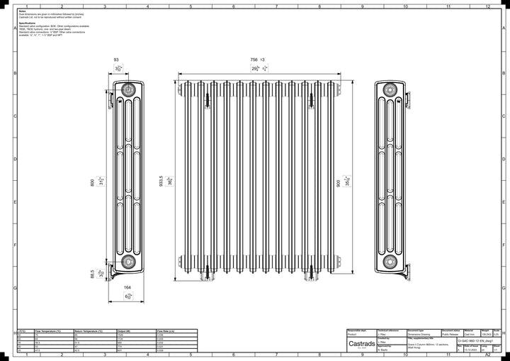 Grace - Anthracite Cast Iron Column Radiator H898mm x W756mm 4 Column - Wall Hung