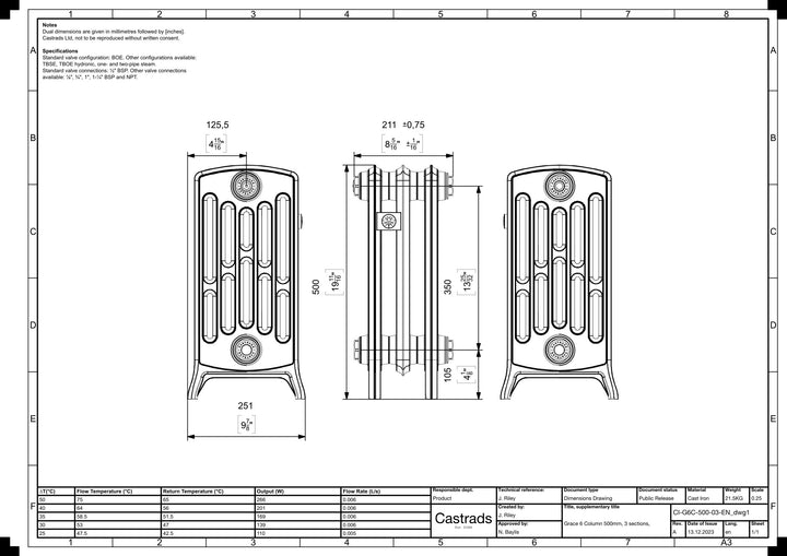 Grace - Ceramic White Cast Iron Column Radiator H500mm x W212mm 6 Column - Floor Standing