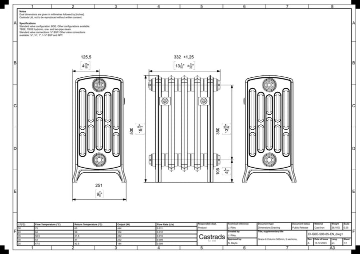 Grace - Ceramic White Cast Iron Column Radiator H500mm x W333mm 6 Column - Floor Standing