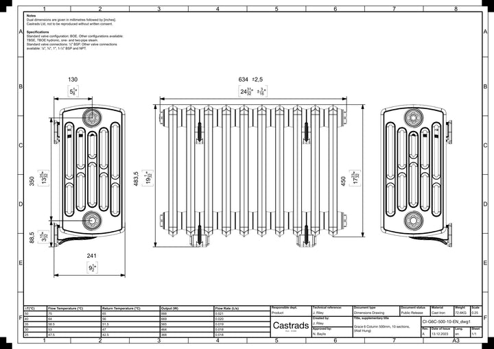 Grace - Anthracite Cast Iron Column Radiator H450mm x W635mm 4 Column - Wall Hung
