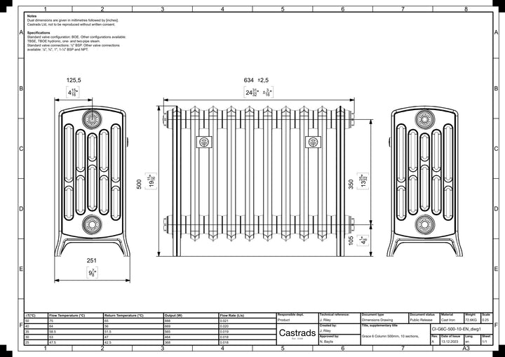Grace - Ceramic White Cast Iron Column Radiator H500mm x W635mm 6 Column - Floor Standing