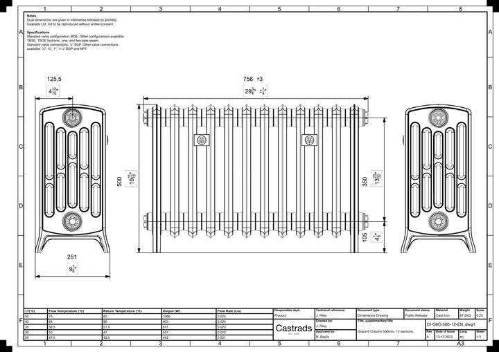 Grace - Ceramic White Cast Iron Column Radiator H500mm x W756mm 6 Column - Floor Standing