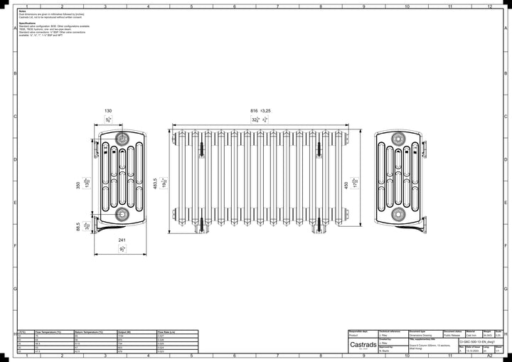 Grace - Anthracite Cast Iron Column Radiator H450mm x W817mm 6 Column - Wall Hung