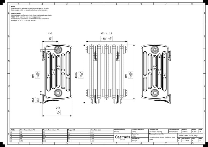 Grace - Anthracite Cast Iron Column Radiator H450mm x W333mm 4 Column - Wall Hung