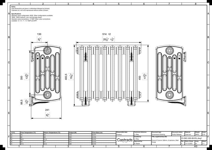 Grace - Anthracite Cast Iron Column Radiator H450mm x W514mm 4 Column - Wall Hung