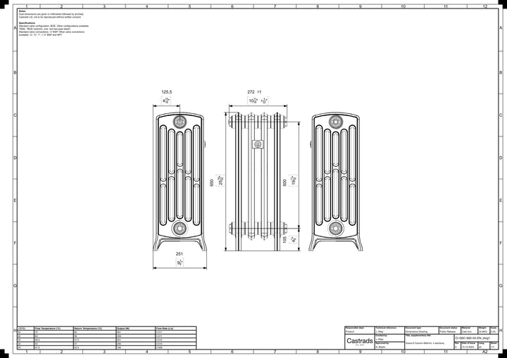 Grace - Anthracite Cast Iron Column Radiator H650mm x W272mm 6 Column - Floor Standing