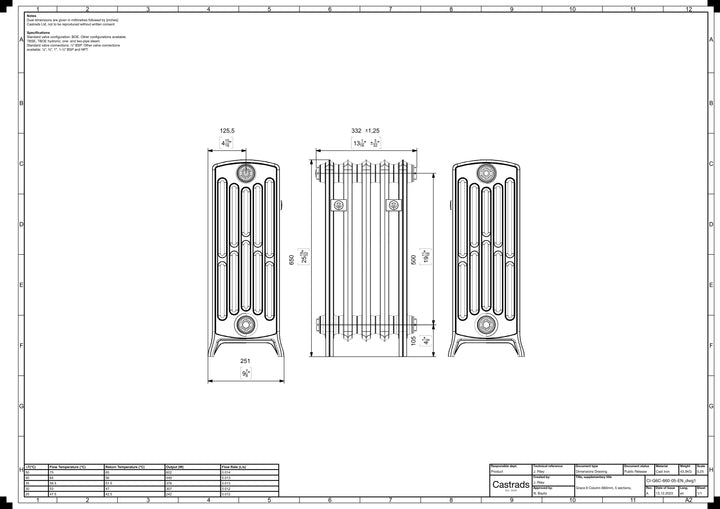 Grace - Ceramic White Cast Iron Column Radiator H650mm x W333mm 6 Column - Floor Standing