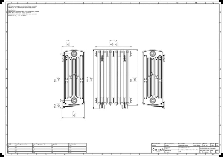 Grace - Ceramic White Cast Iron Column Radiator H600mm x W393mm 6 Column - Wall Hung