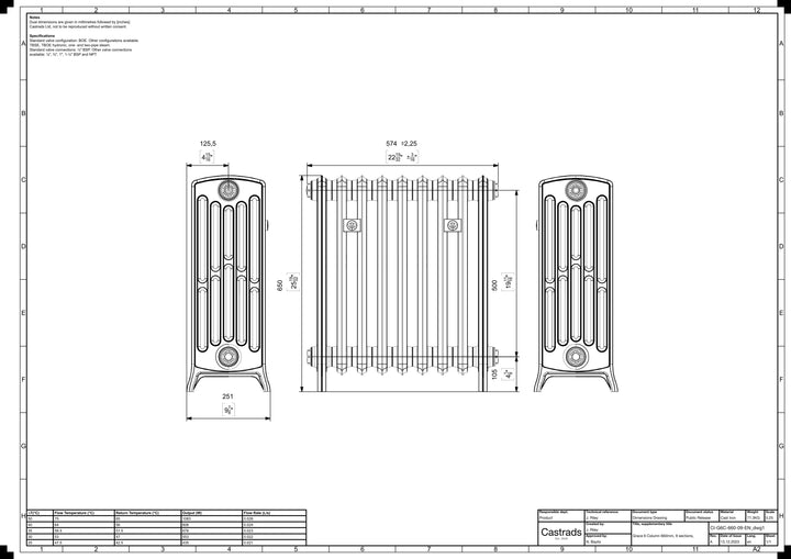 Grace - Anthracite Cast Iron Column Radiator H650mm x W575mm 6 Column - Floor Standing