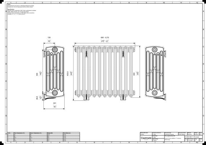 Grace - Ceramic White Cast Iron Column Radiator H600mm x W696mm 6 Column - Wall Hung