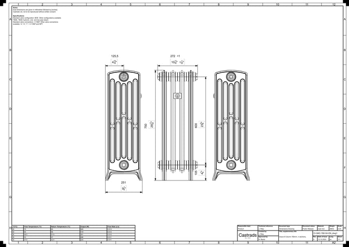 Grace - Ceramic White Cast Iron Column Radiator H750mm x W272mm 6 Column - Floor Standing