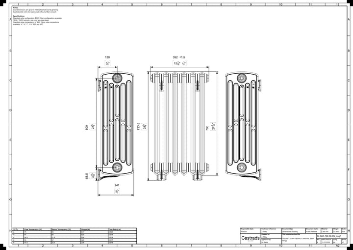 Grace - Ceramic White Cast Iron Column Radiator H700mm x W393mm 6 Column - Wall Hung