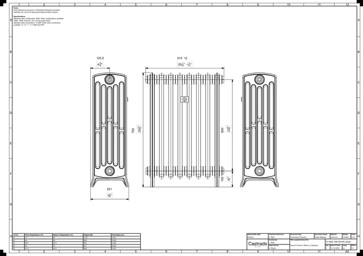 Grace - Ceramic White Cast Iron Column Radiator H750mm x W514mm 6 Column - Floor Standing