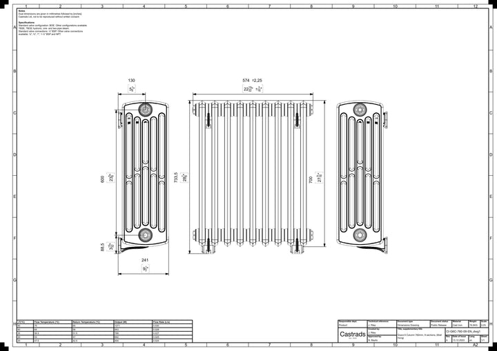Grace - Ceramic White Cast Iron Column Radiator H700mm x W575mm 6 Column - Wall Hung