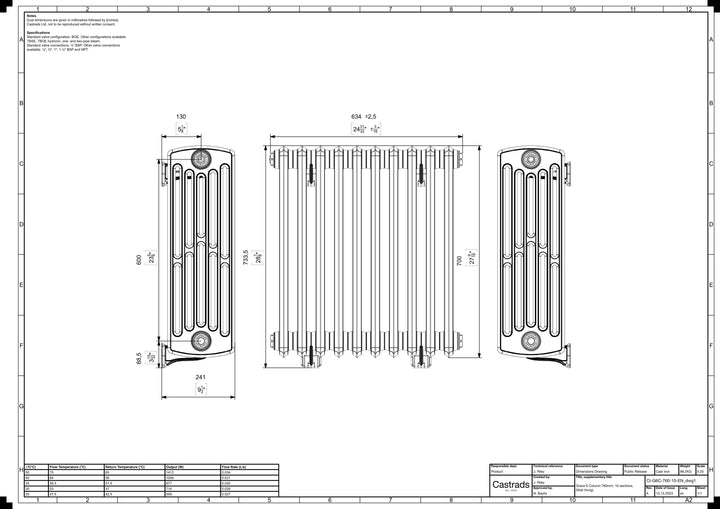 Grace - Ceramic White Cast Iron Column Radiator H700mm x W635mm 6 Column - Wall Hung