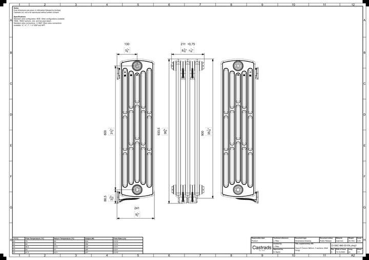 Grace - Quartz Grey Cast Iron Column Radiator H900mm x W212mm 6 Column - Wall Hung