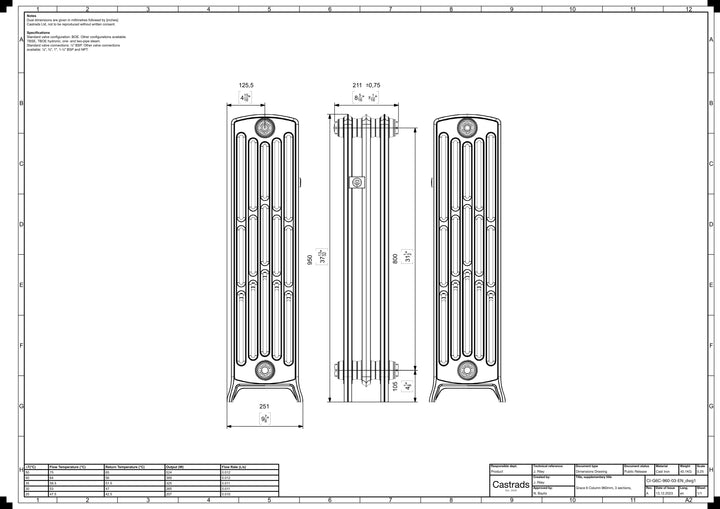 Grace - Ceramic White Cast Iron Column Radiator H950mm x W212mm 6 Column - Floor Standing