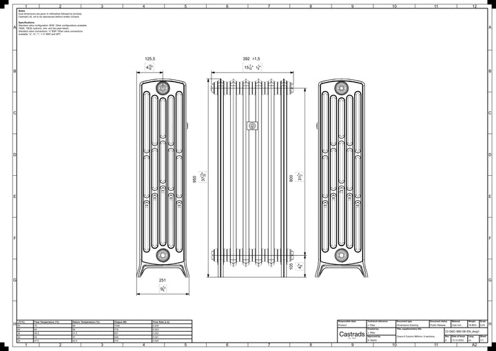 Grace - Ceramic White Cast Iron Column Radiator H950mm x W393mm 6 Column - Floor Standing