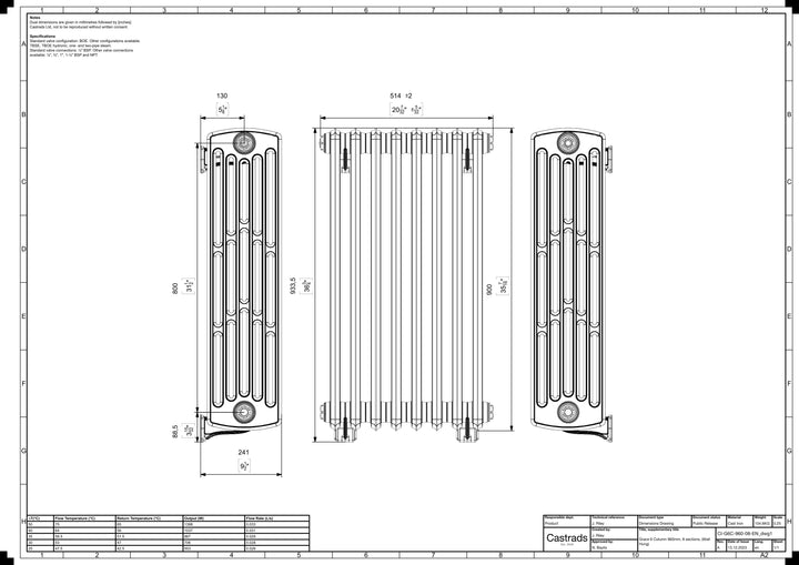 Grace - Anthracite Cast Iron Column Radiator H900mm x W514mm 6 Column - Wall Hung