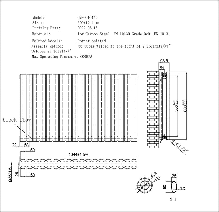 Omeara - White Designer Radiator H600mm x W1044mm Double Panel - Feet Included