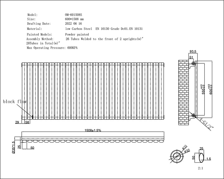 Omeara - Black Designer Radiator H600mm x W1508mm Single Panel - Feet Included
